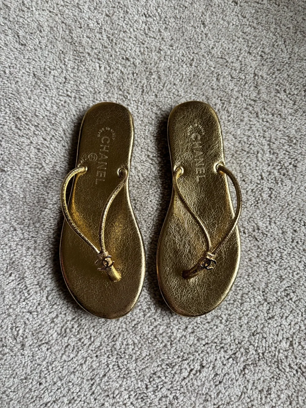 26S Chanel Thong Sandals, Laminated Gold Calfskin, Size 38
